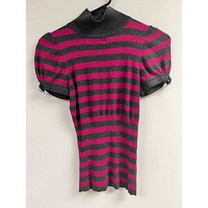 Express Womens Puff Sleeve Gray Pink Stripe Knit Rayon Blend Mock Neck sweater T